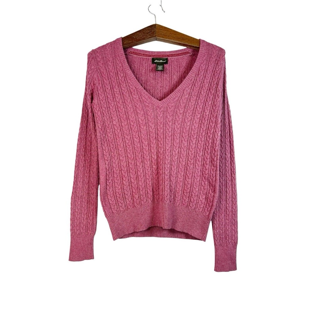 Eddie Bauer Pink Cable Knit V-Neck Sweater Small Cotton Fisherman Cozy Preppy